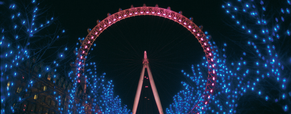 London Eye In Red Lights With Fairy Lights