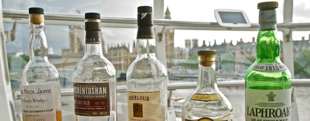 Different types of whisky in front of london eye
