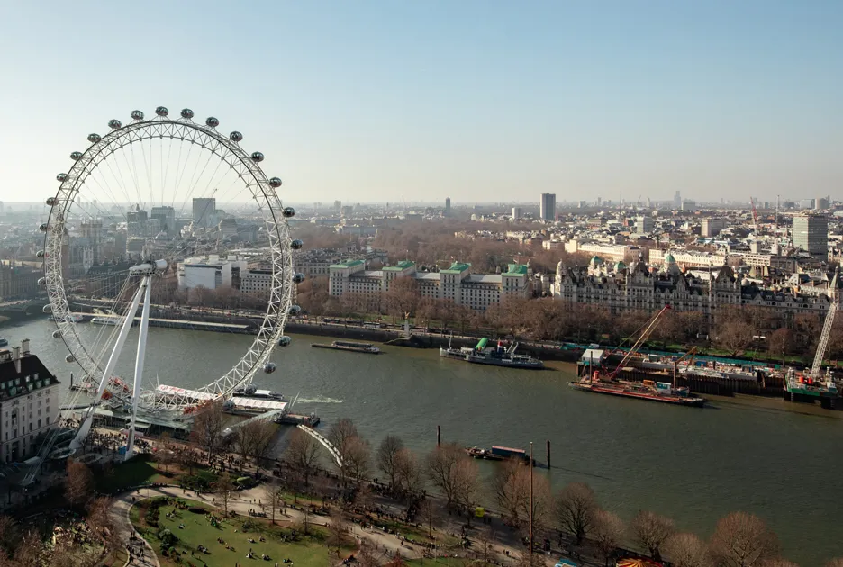 London Eye view by day overlooking the London skyline and River Thames in natural daylight