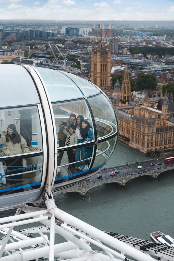 Wide skyline view from the London Eye showing Westminster, Big Ben and the River Thames.