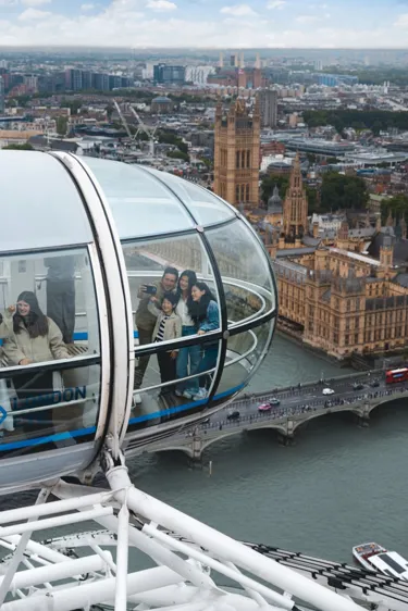 Wide skyline view from the London Eye showing Westminster, Big Ben and the River Thames.